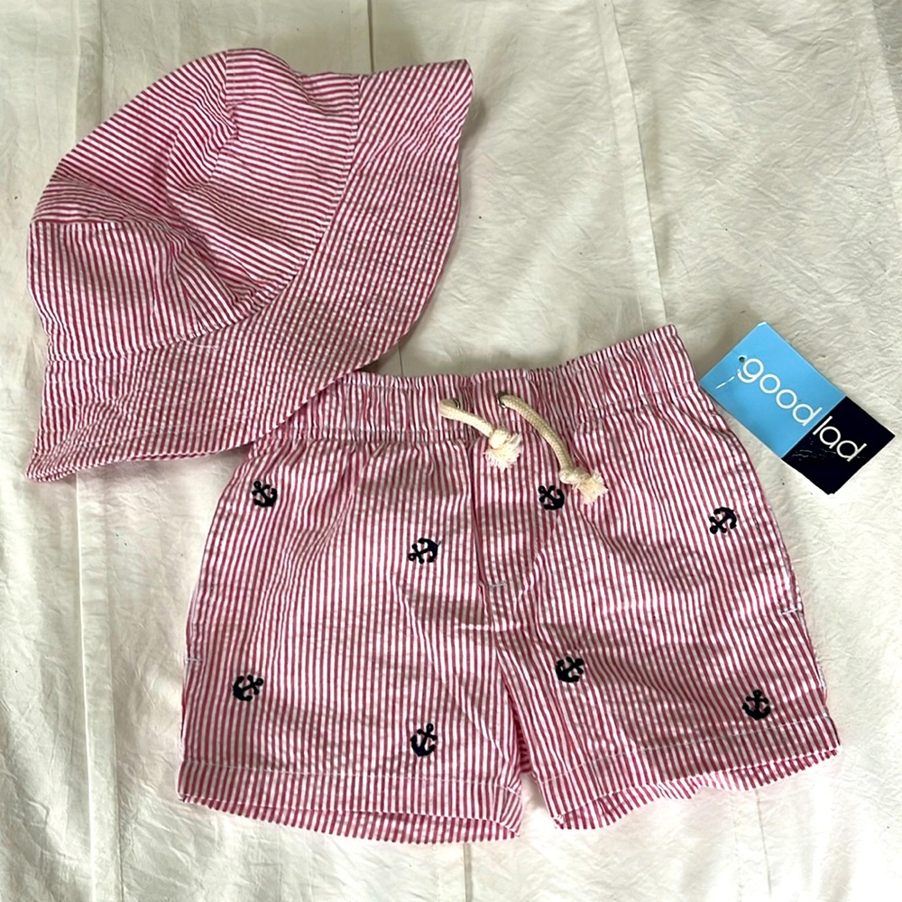 Nautical toddler boy, swim trunks with matching hat, size 3T new with tags